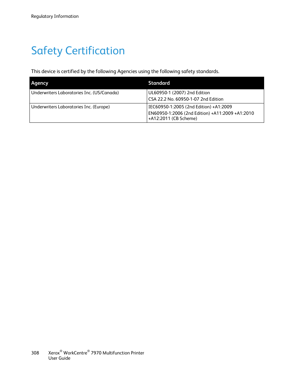 Safety certification | Xerox WorkCentre 7970-3795 User Manual | Page 308 / 316
