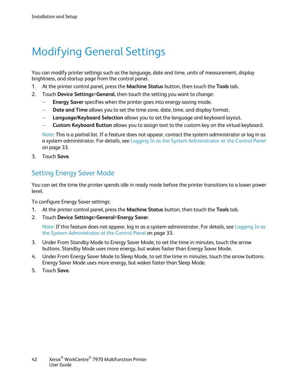 Modifying general settings, Setting energy saver mode | Xerox WorkCentre 7970-3795 User Manual | Page 42 / 316