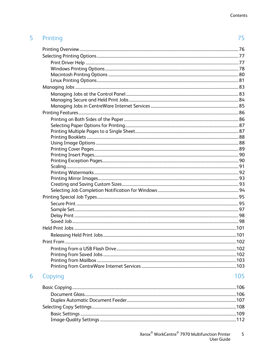 5 printing 75, 6 copying 105 | Xerox WorkCentre 7970-3795 User Manual | Page 5 / 316