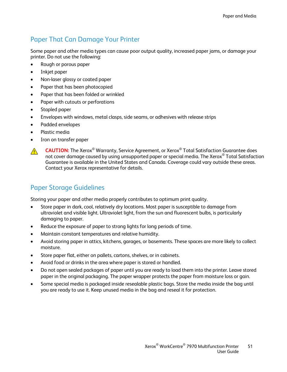 Paper that can damage your printer, Paper storage guidelines | Xerox WorkCentre 7970-3795 User Manual | Page 51 / 316
