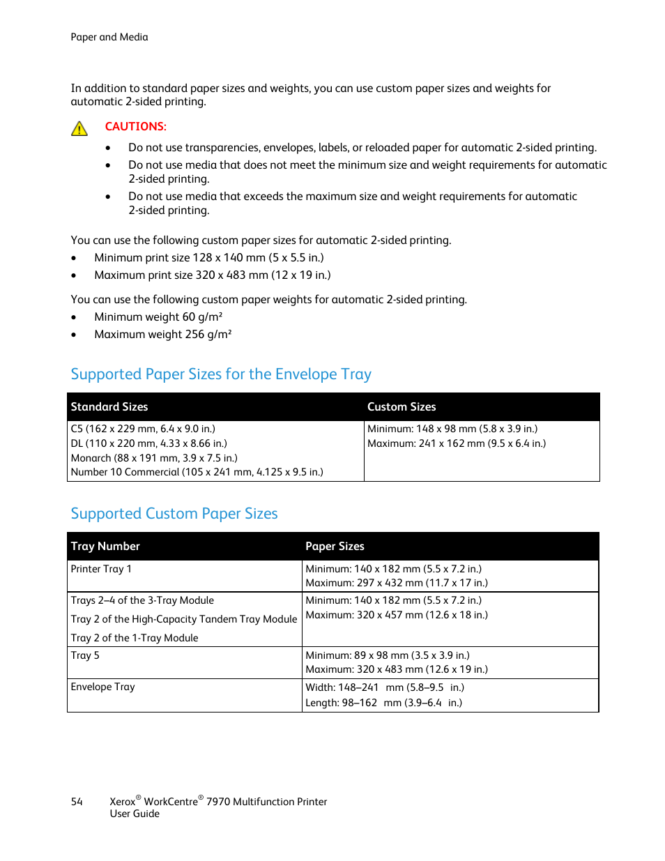 Supported paper sizes for the envelope tray, Supported custom paper sizes | Xerox WorkCentre 7970-3795 User Manual | Page 54 / 316