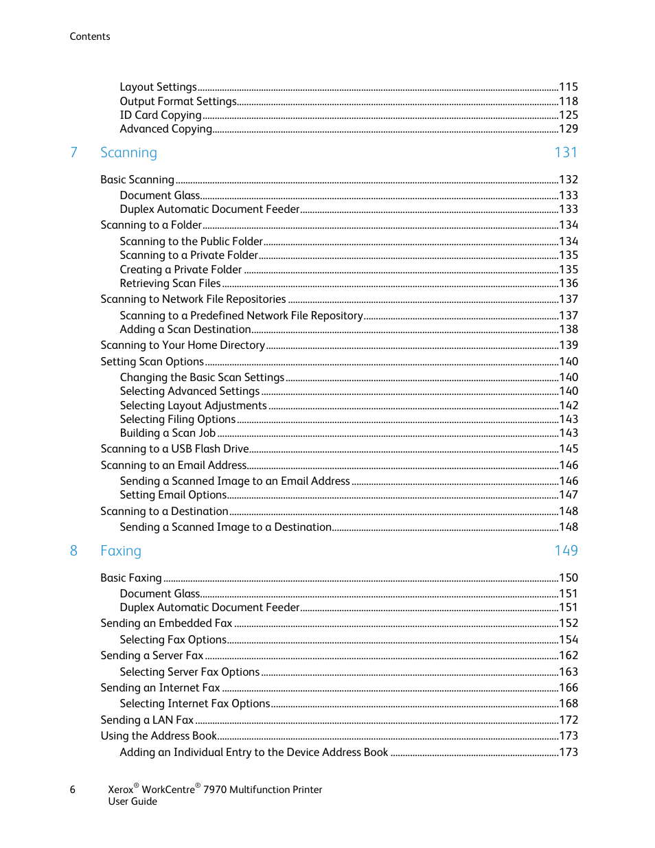 7 scanning 131, 8 faxing 149 | Xerox WorkCentre 7970-3795 User Manual | Page 6 / 316