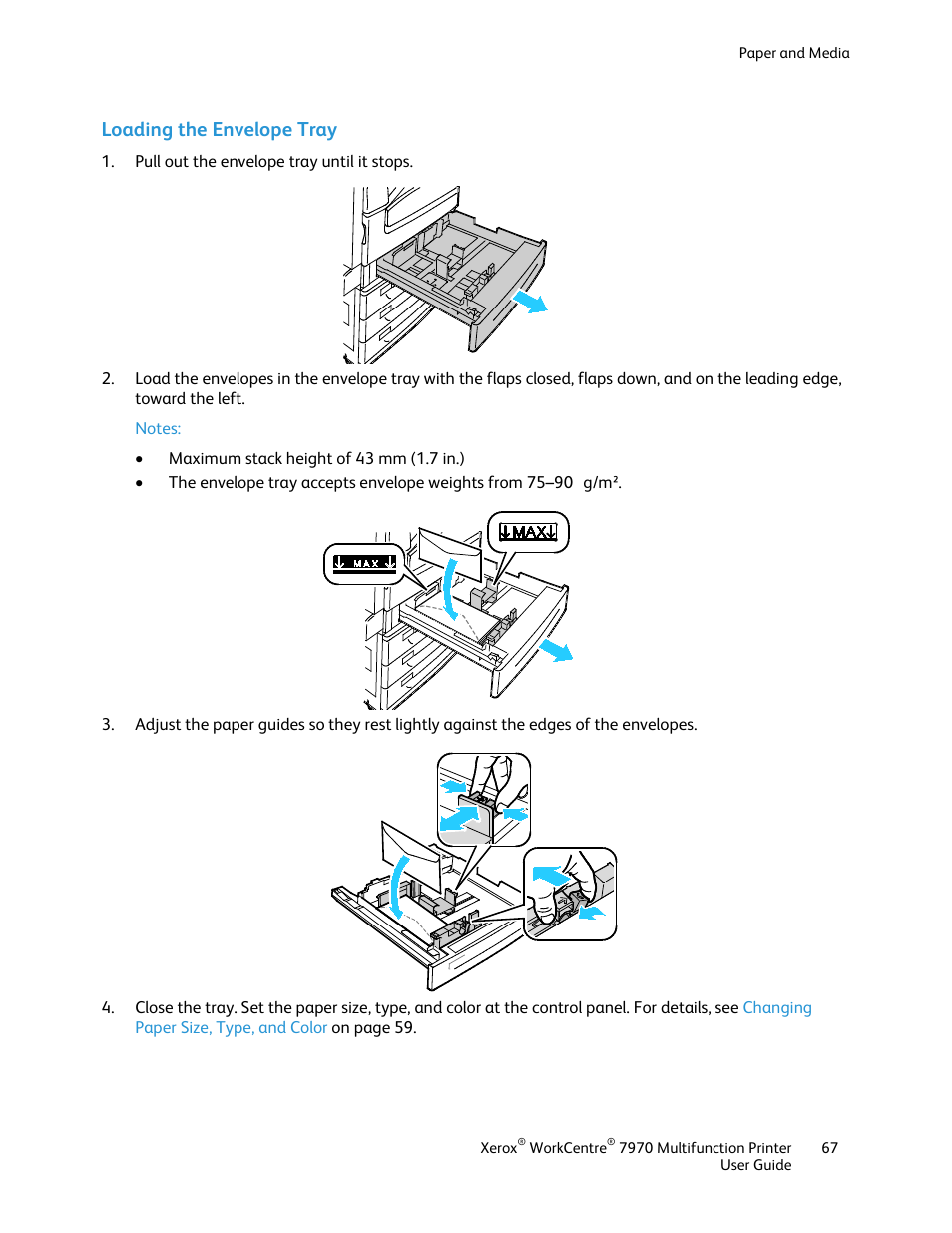 Loading the envelope tray | Xerox WorkCentre 7970-3795 User Manual | Page 67 / 316