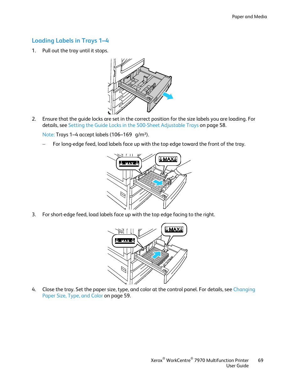 Loading labels in trays 1–4 | Xerox WorkCentre 7970-3795 User Manual | Page 69 / 316