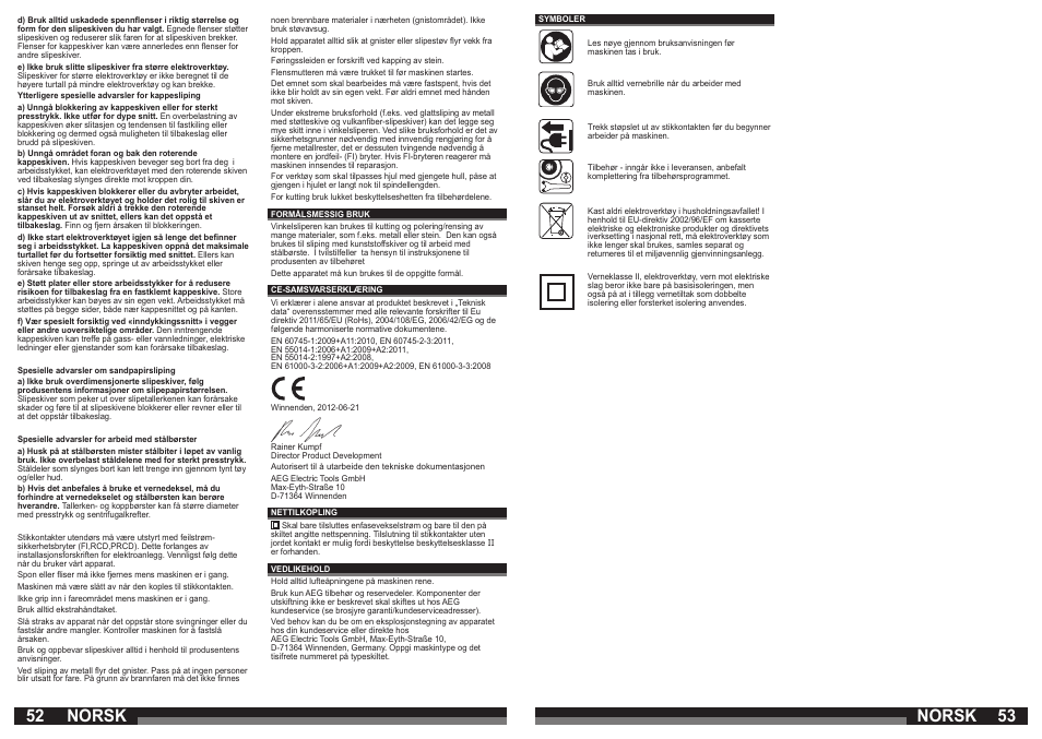 Norsk | AEG WS 21-230 E User Manual | Page 27 / 67