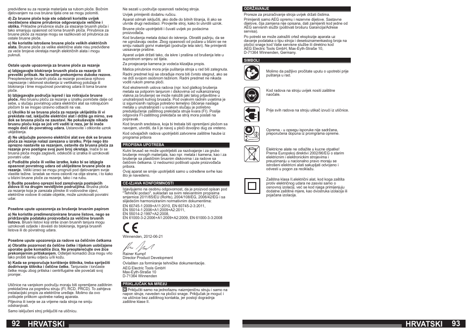 Hrvatski | AEG WS 21-230 E User Manual | Page 47 / 67