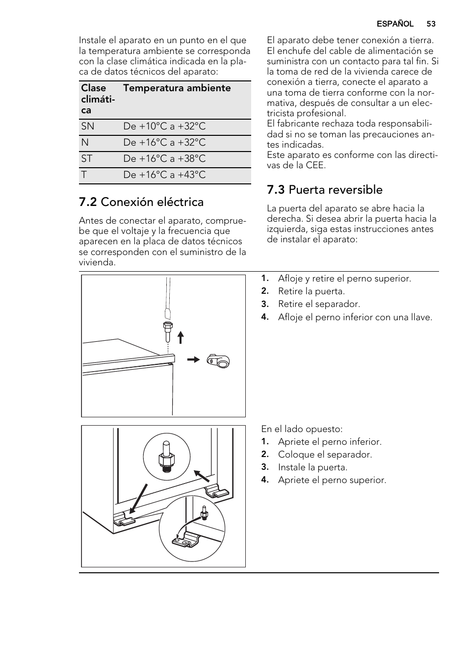 2 conexión eléctrica, 3 puerta reversible | AEG SKD71800F0 User Manual | Page 53 / 64