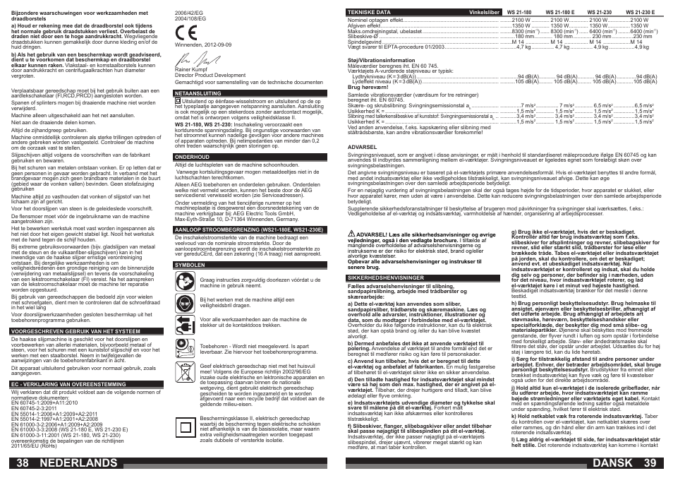 Nederlands, Dansk | AEG WS 21-180 User Manual | Page 20 / 51