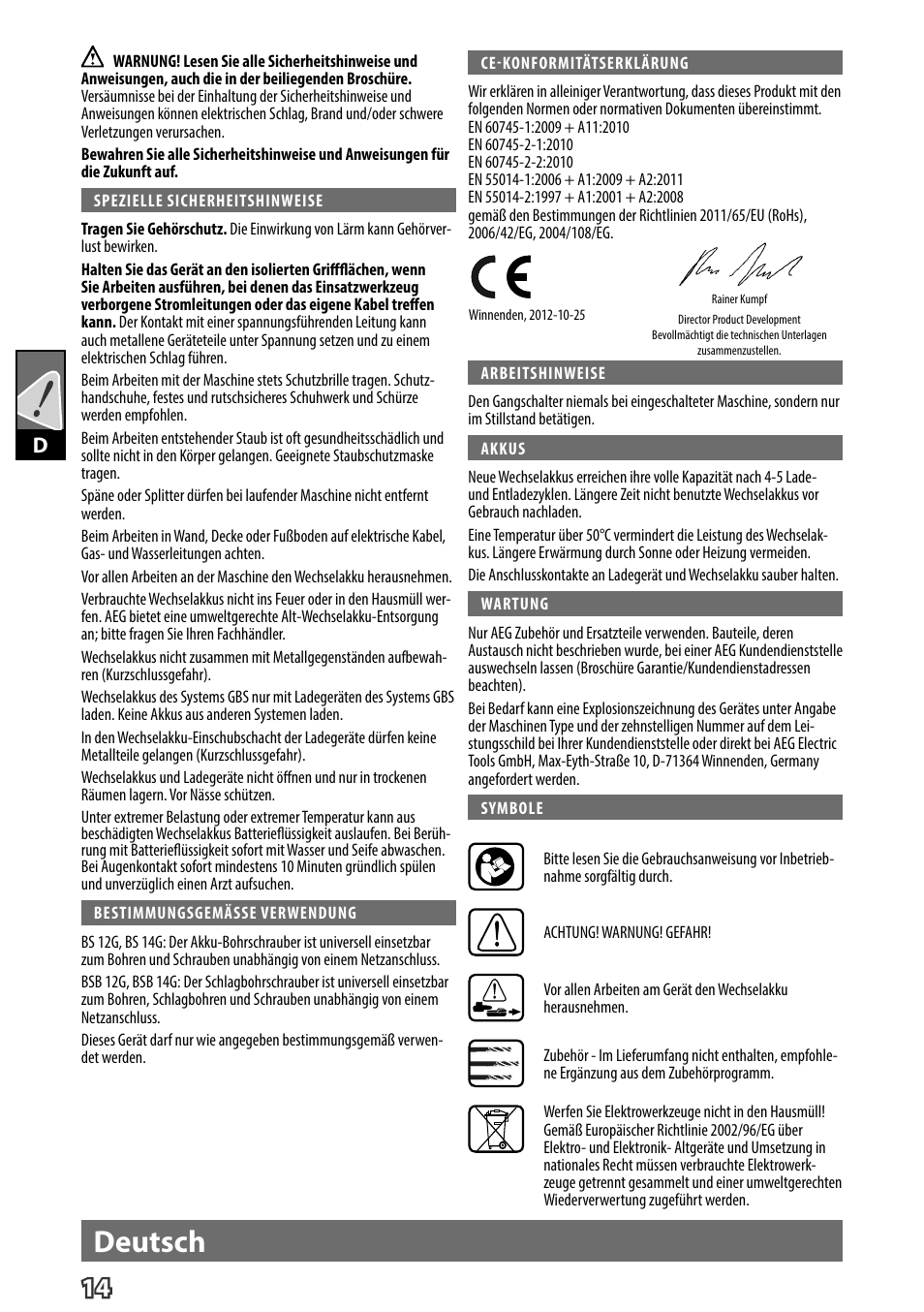 Deutsch | AEG BS 14 G User Manual | Page 16 / 69