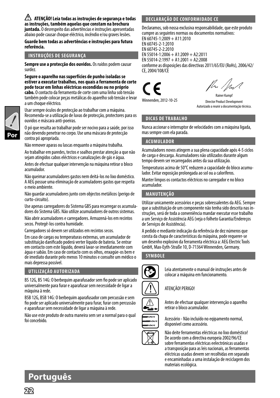 Português | AEG BS 14 G User Manual | Page 24 / 69
