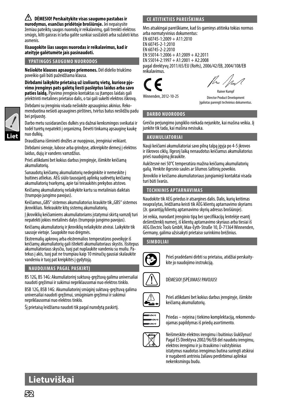 Lietuviškai, Liet | AEG BS 14 G User Manual | Page 54 / 69