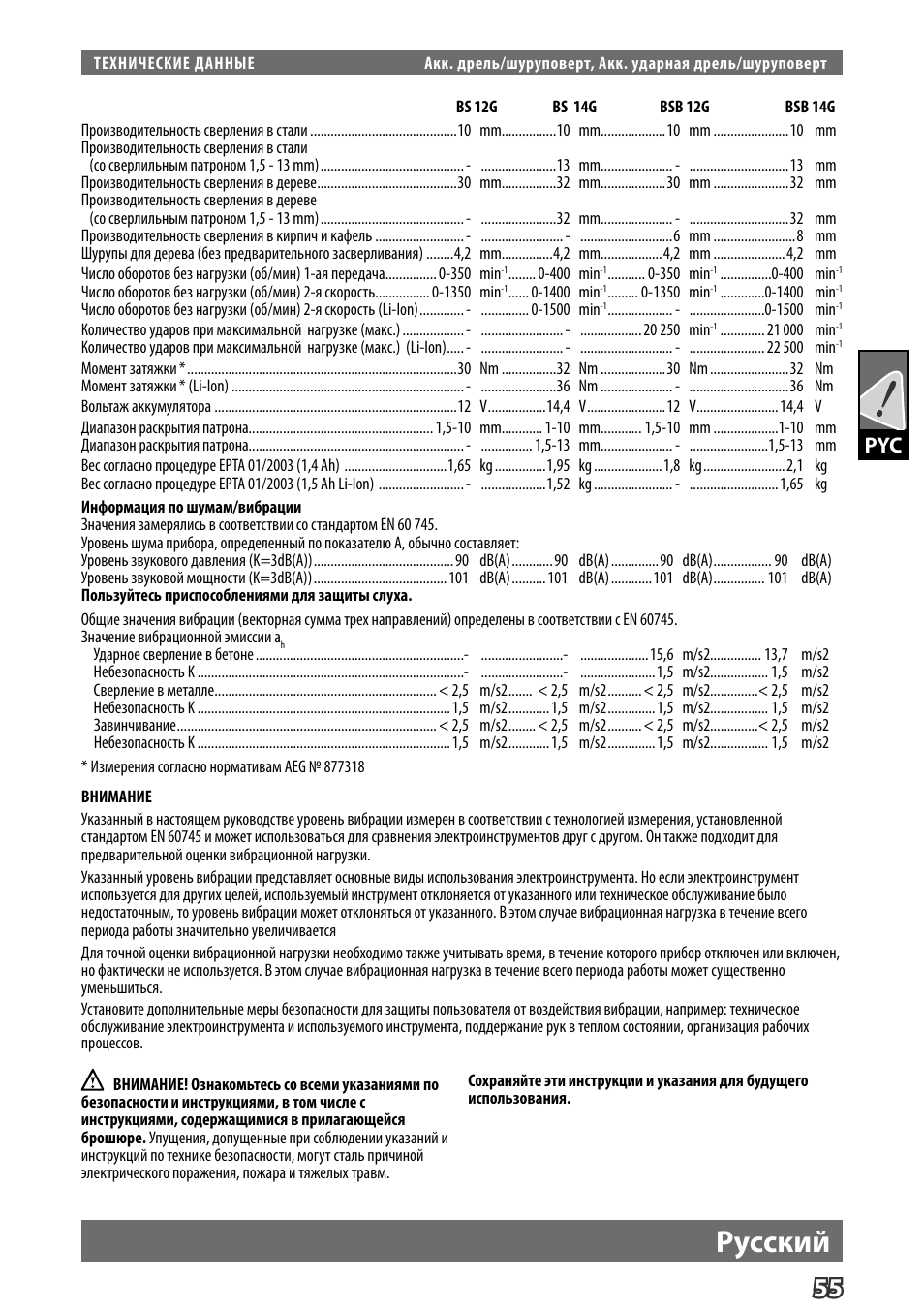 Pусский | AEG BS 14 G User Manual | Page 57 / 69