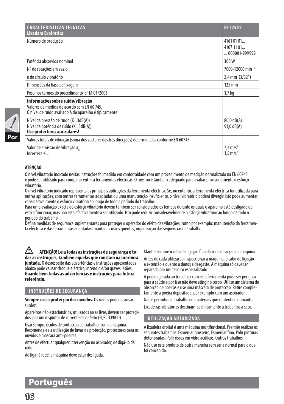 Português | AEG EX 125 ES User Manual | Page 18 / 64