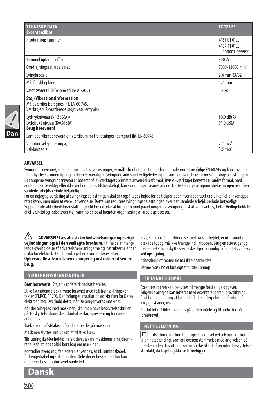 Dansk | AEG EX 125 ES User Manual | Page 22 / 64