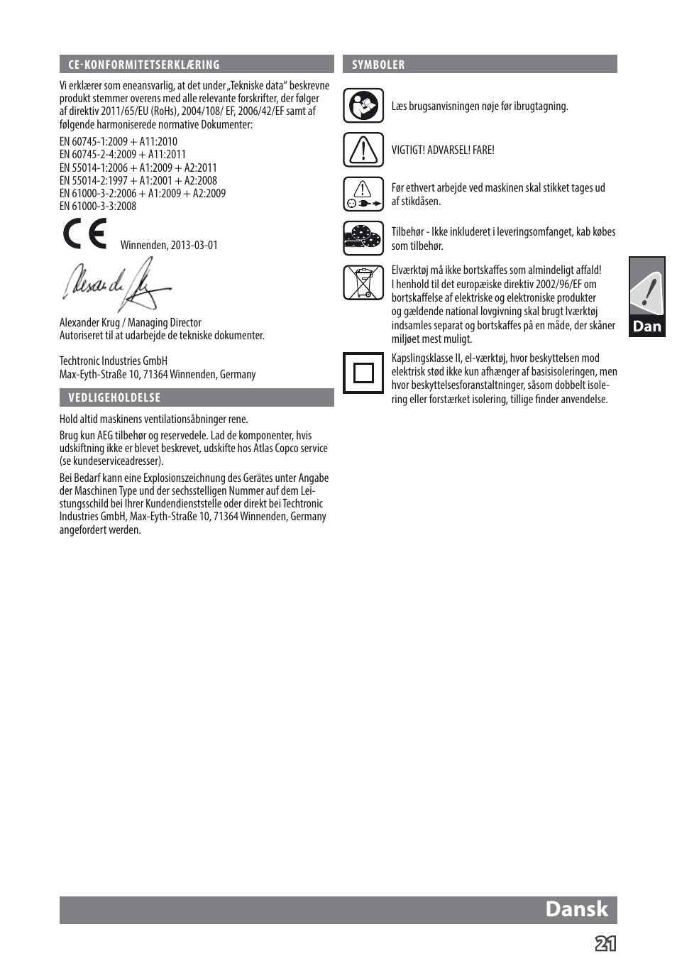 Dansk | AEG EX 125 ES User Manual | Page 23 / 64
