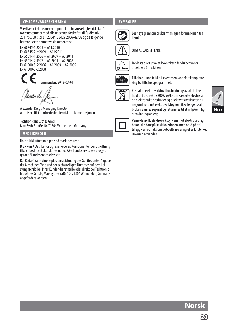 Norsk | AEG EX 125 ES User Manual | Page 25 / 64