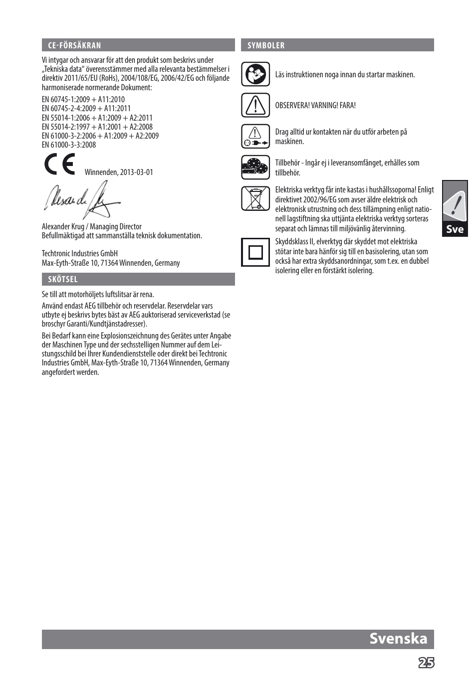 Svenska | AEG EX 125 ES User Manual | Page 27 / 64