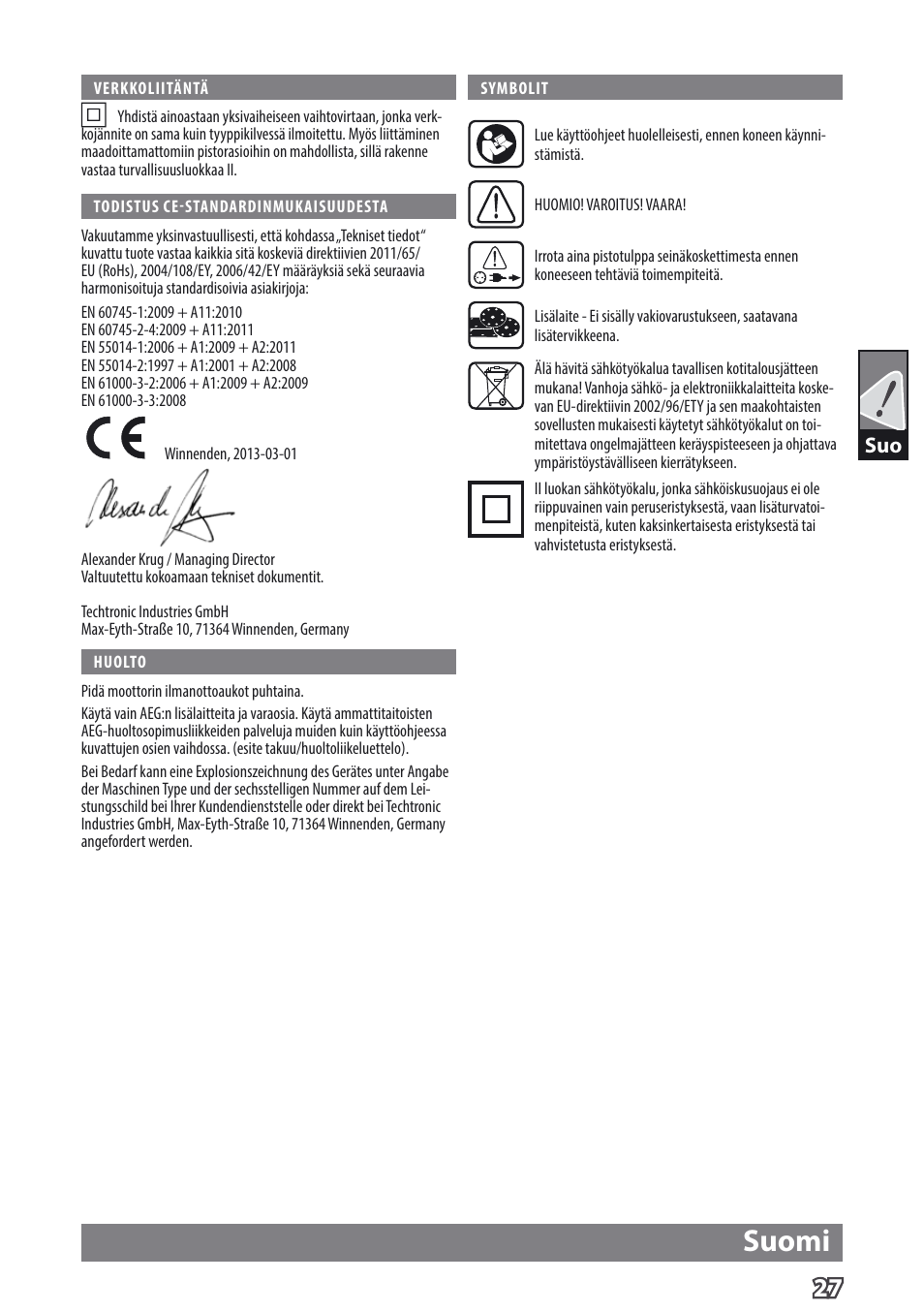 Suomi | AEG EX 125 ES User Manual | Page 29 / 64