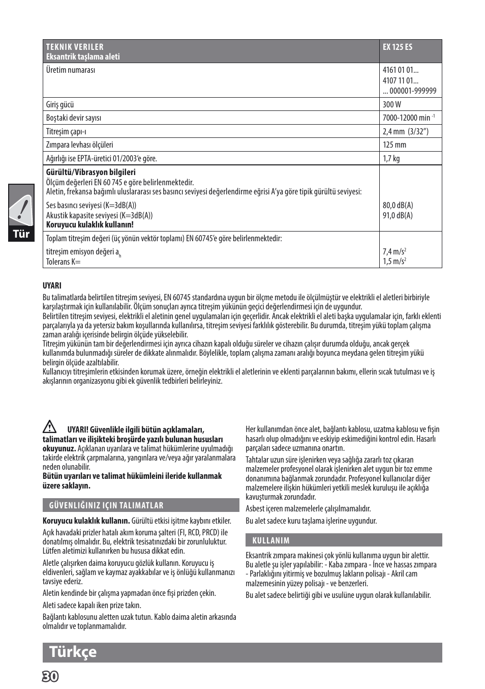Türkçe | AEG EX 125 ES User Manual | Page 32 / 64