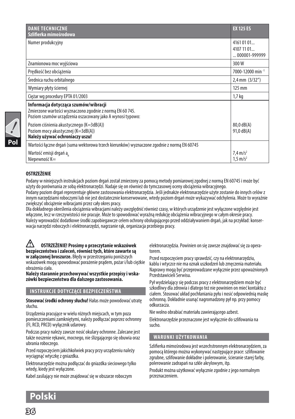 Polski | AEG EX 125 ES User Manual | Page 38 / 64