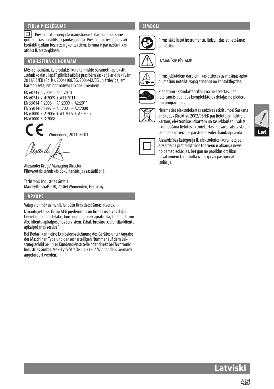 Latviski | AEG EX 125 ES User Manual | Page 47 / 64