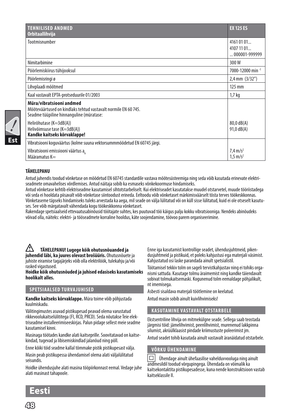 Eesti | AEG EX 125 ES User Manual | Page 50 / 64