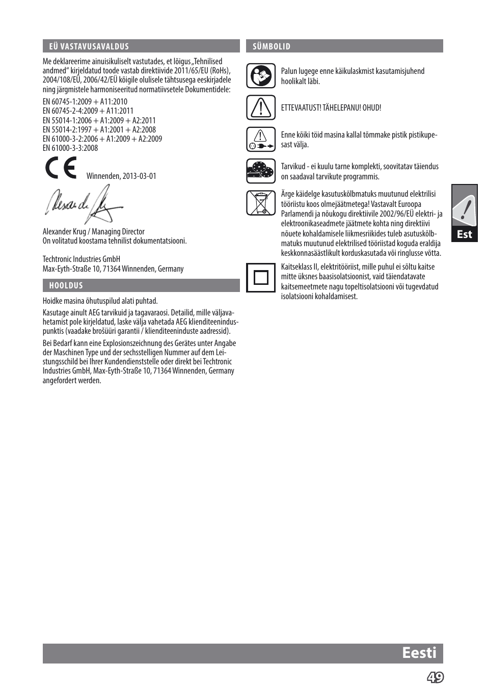 Eesti | AEG EX 125 ES User Manual | Page 51 / 64