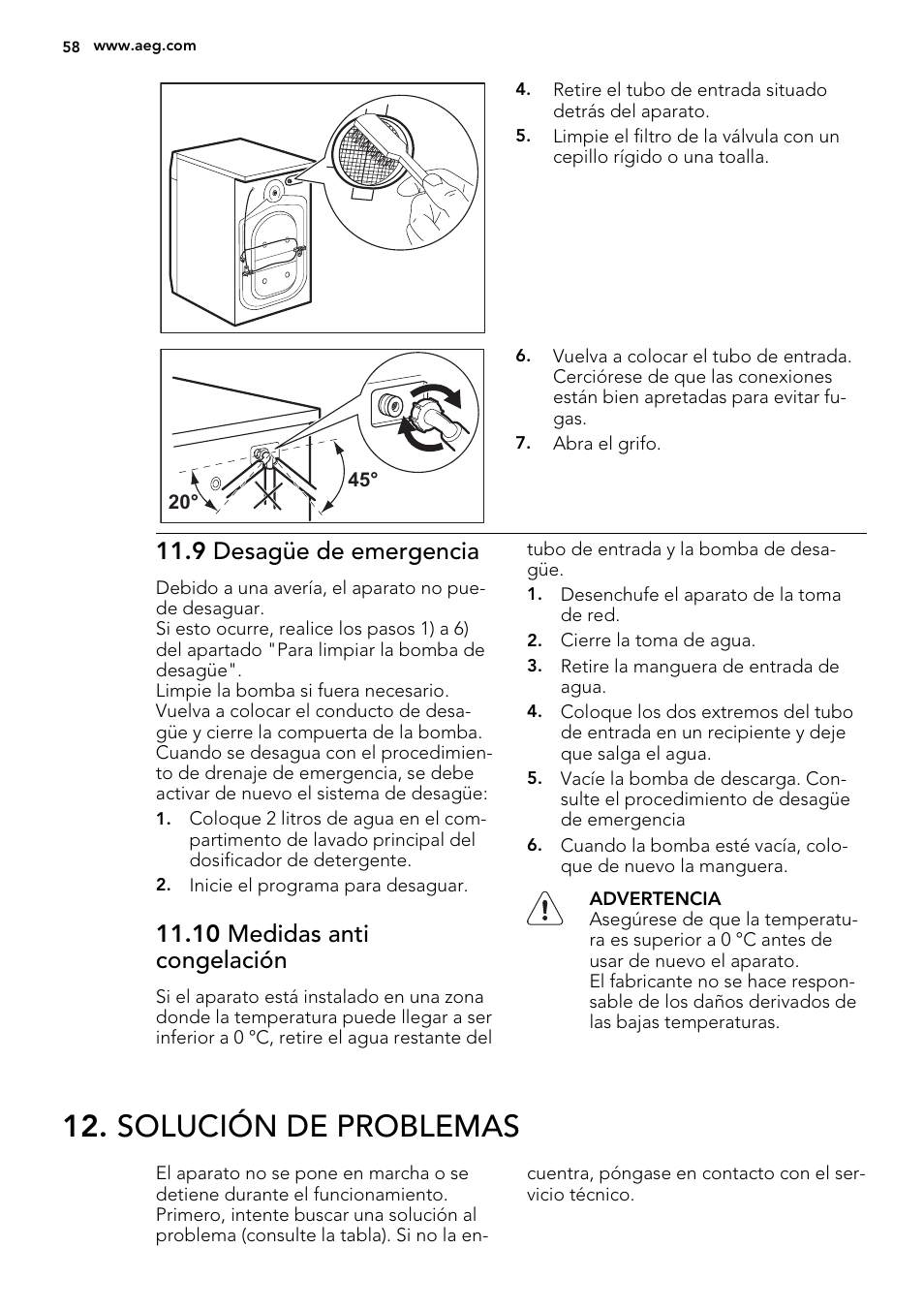 Solución de problemas, 9 desagüe de emergencia, 10 medidas anti congelación | AEG L85275XFL User Manual | Page 58 / 68