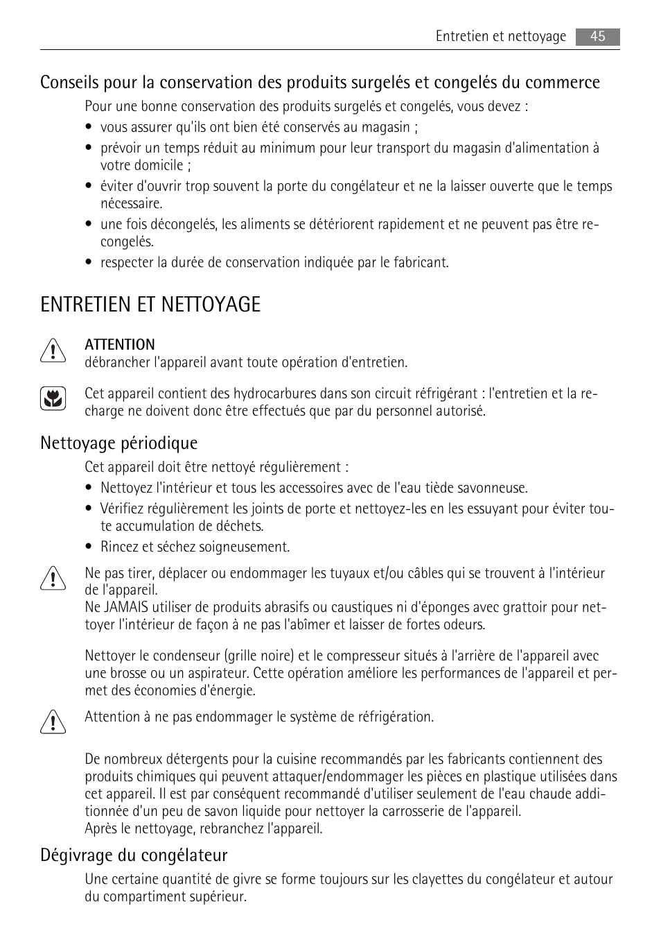 Entretien et nettoyage, Nettoyage périodique, Dégivrage du congélateur | AEG AGN81800F0 User Manual | Page 45 / 104