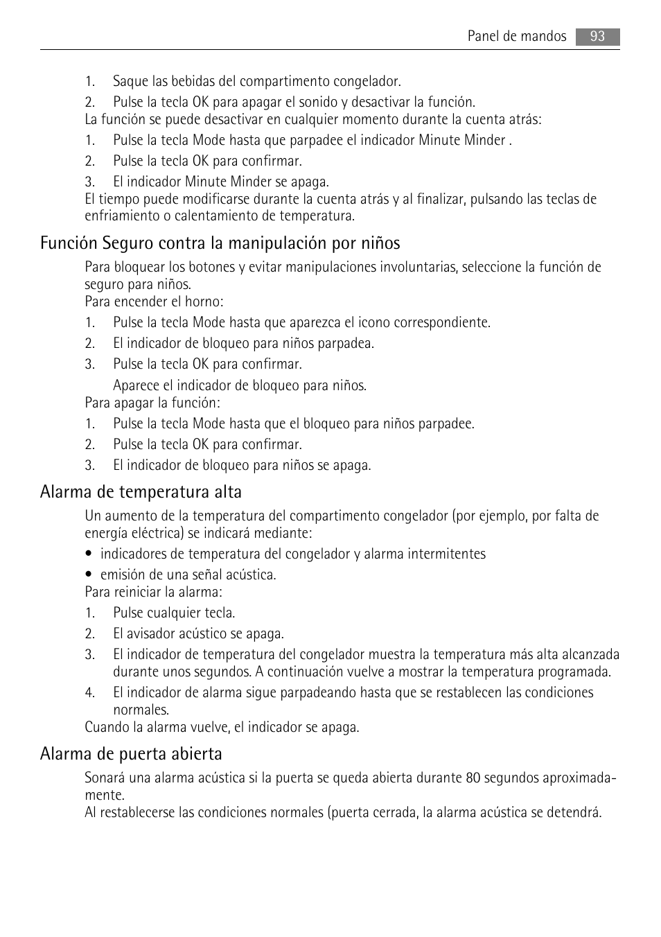 Función seguro contra la manipulación por niños, Alarma de temperatura alta, Alarma de puerta abierta | AEG AGN81800F0 User Manual | Page 93 / 104