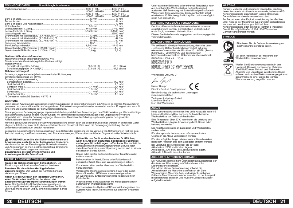 Deutsch | AEG BS 18 G User Manual | Page 11 / 37