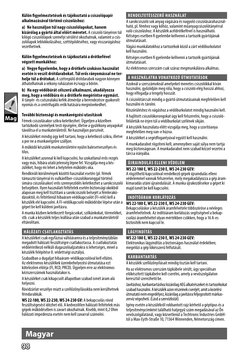 Deutsch, Magyar | AEG WS 24-230 User Manual | Page 100 / 154