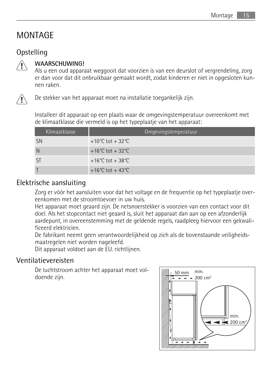 Montage, Opstelling, Elektrische aansluiting | Ventilatievereisten | AEG AGN71200F0 User Manual | Page 15 / 76