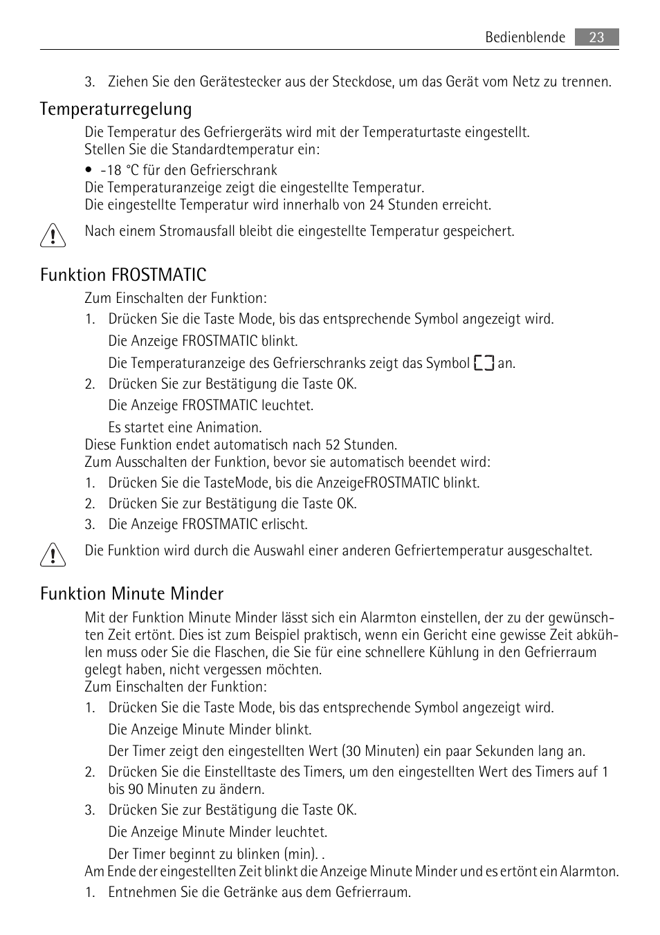 Temperaturregelung, Funktion frostmatic, Funktion minute minder | AEG AGN71200F0 User Manual | Page 23 / 76