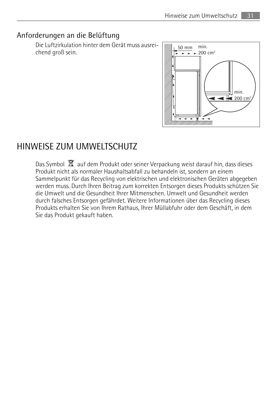 Hinweise zum umweltschutz, Anforderungen an die belüftung | AEG AGN71200F0 User Manual | Page 31 / 76