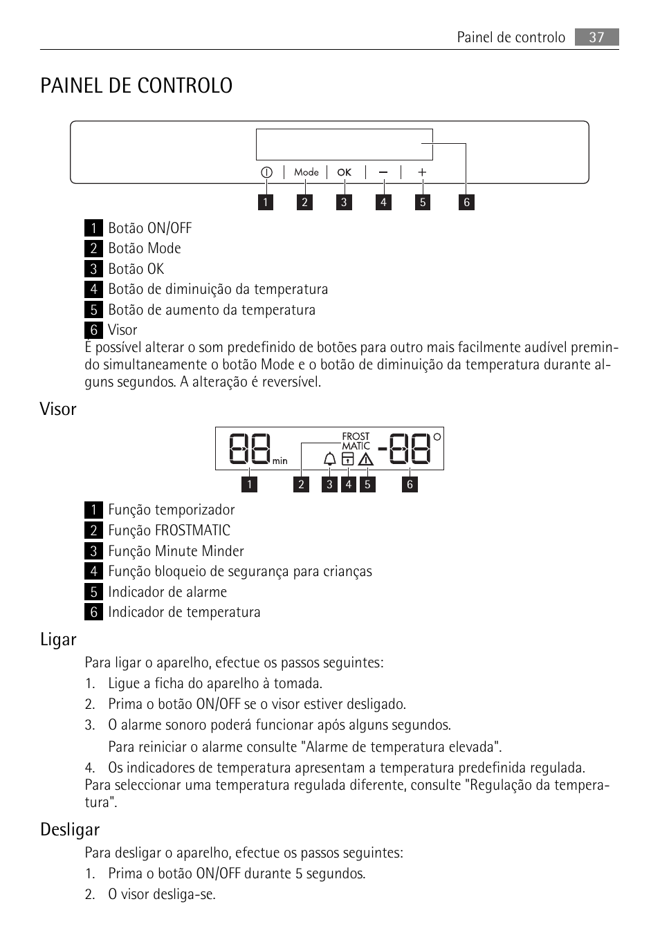 Painel de controlo, Visor, Ligar | Desligar | AEG AGN71200F0 User Manual | Page 37 / 76