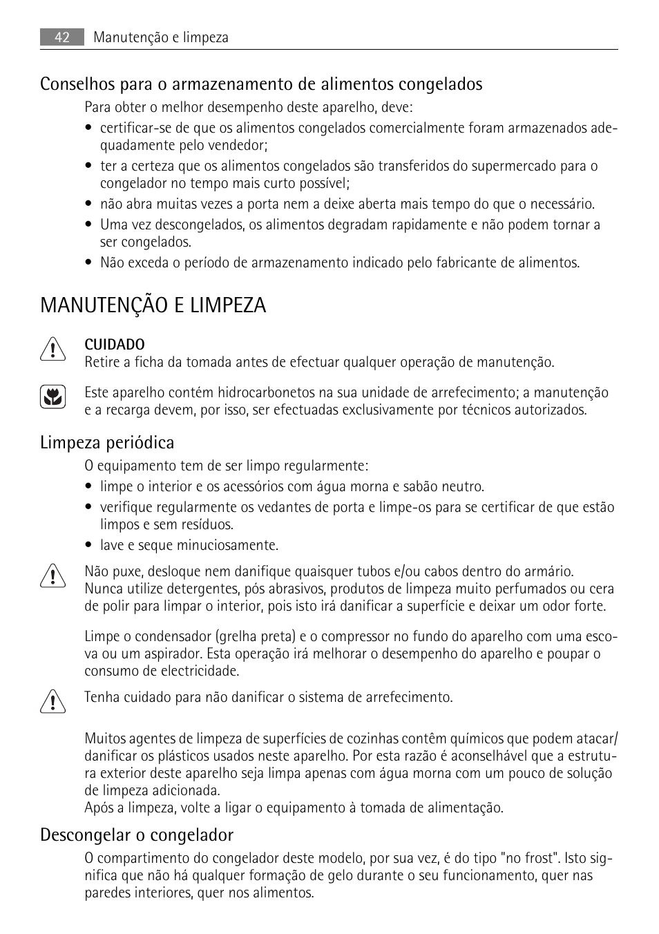 Manutenção e limpeza, Limpeza periódica, Descongelar o congelador | AEG AGN71200F0 User Manual | Page 42 / 76