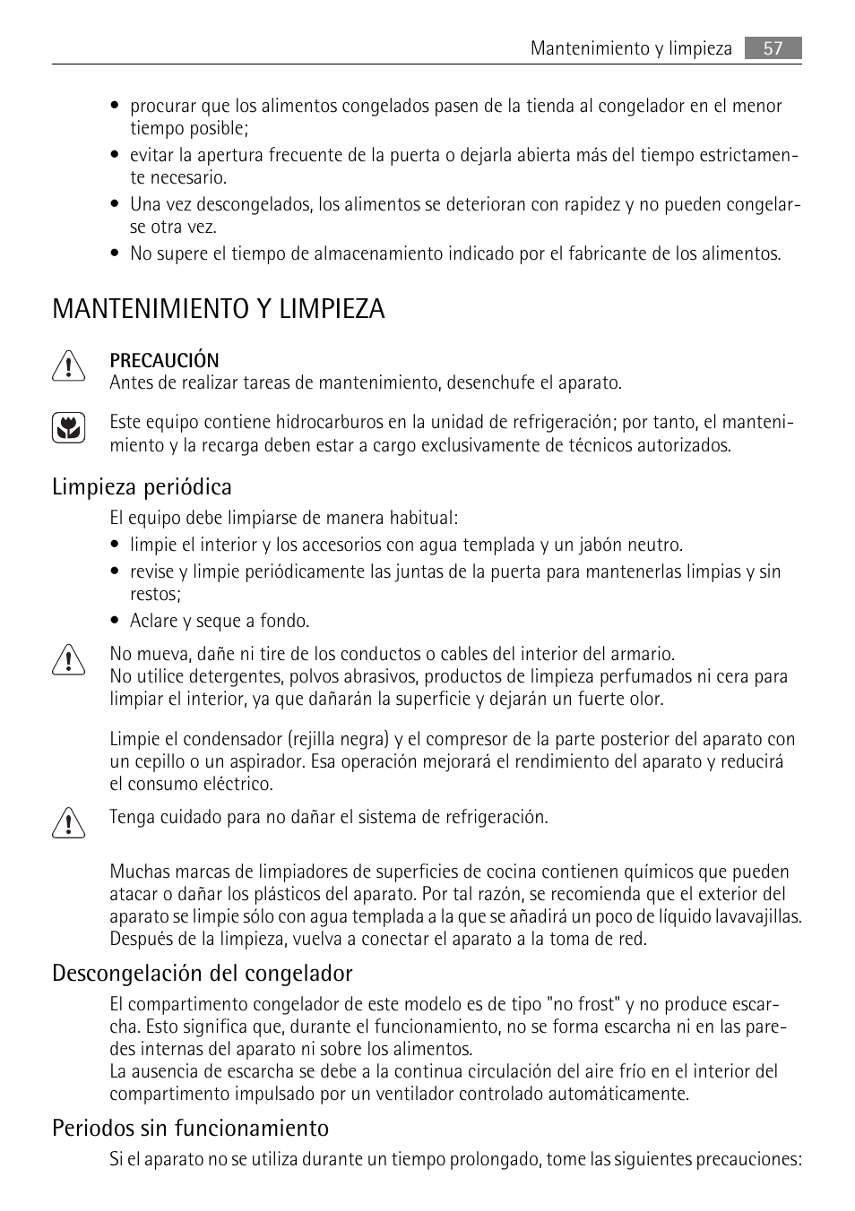 Mantenimiento y limpieza, Limpieza periódica, Descongelación del congelador | Periodos sin funcionamiento | AEG AGN71200F0 User Manual | Page 57 / 76