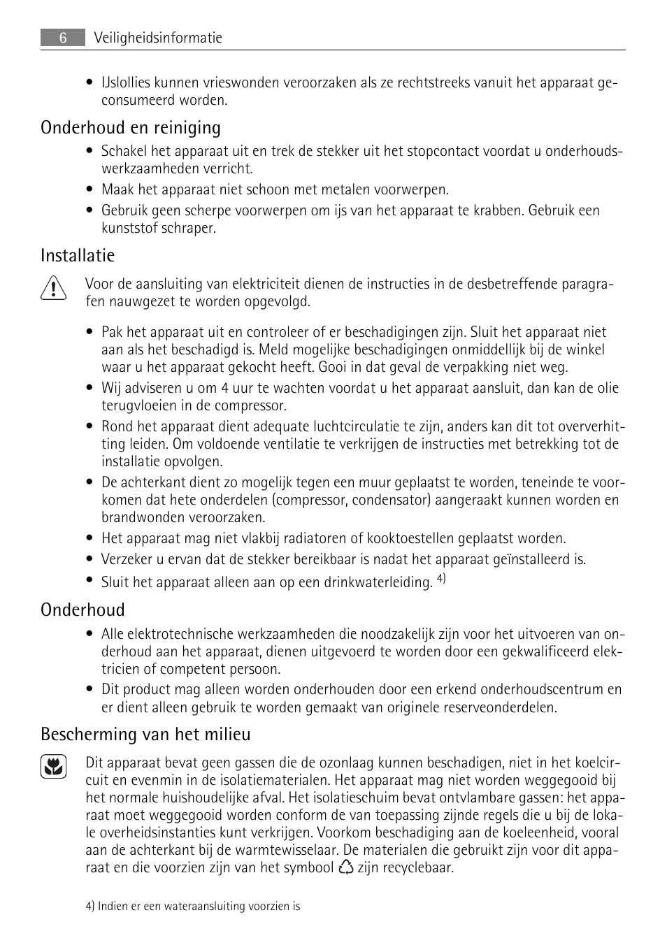 Onderhoud en reiniging, Installatie, Onderhoud | Bescherming van het milieu | AEG AGN71200F0 User Manual | Page 6 / 76