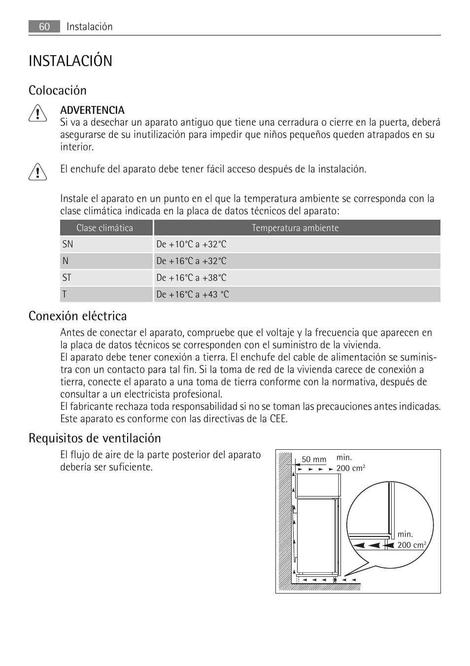 Instalación, Colocación, Conexión eléctrica | Requisitos de ventilación | AEG AGN71200F0 User Manual | Page 60 / 76