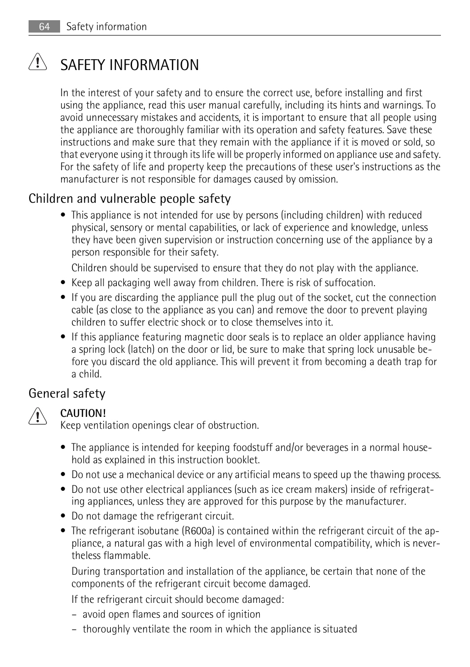 Safety information, Children and vulnerable people safety, General safety | AEG AGN71200F0 User Manual | Page 64 / 76