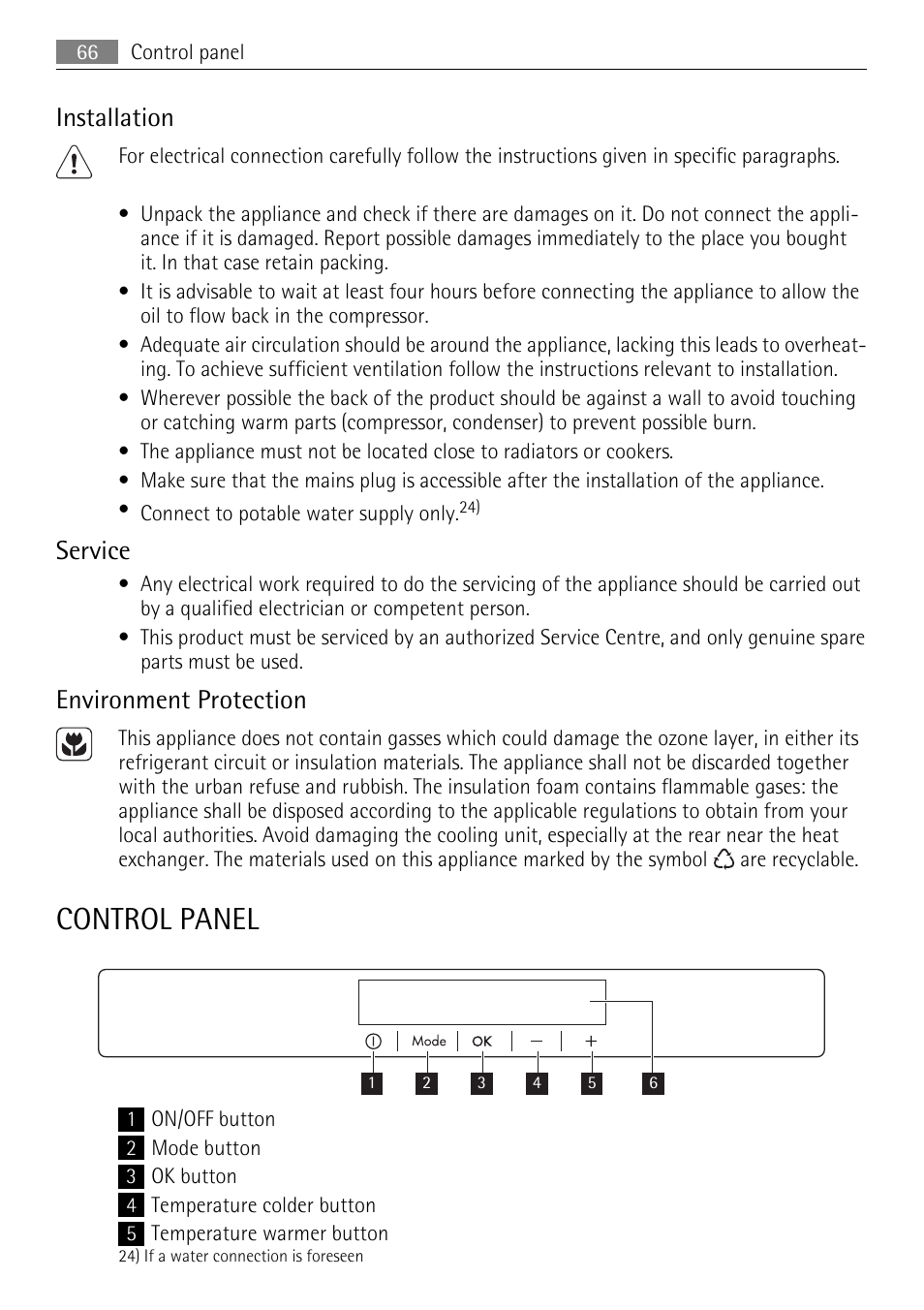 Control panel, Installation, Service | Environment protection | AEG AGN71200F0 User Manual | Page 66 / 76