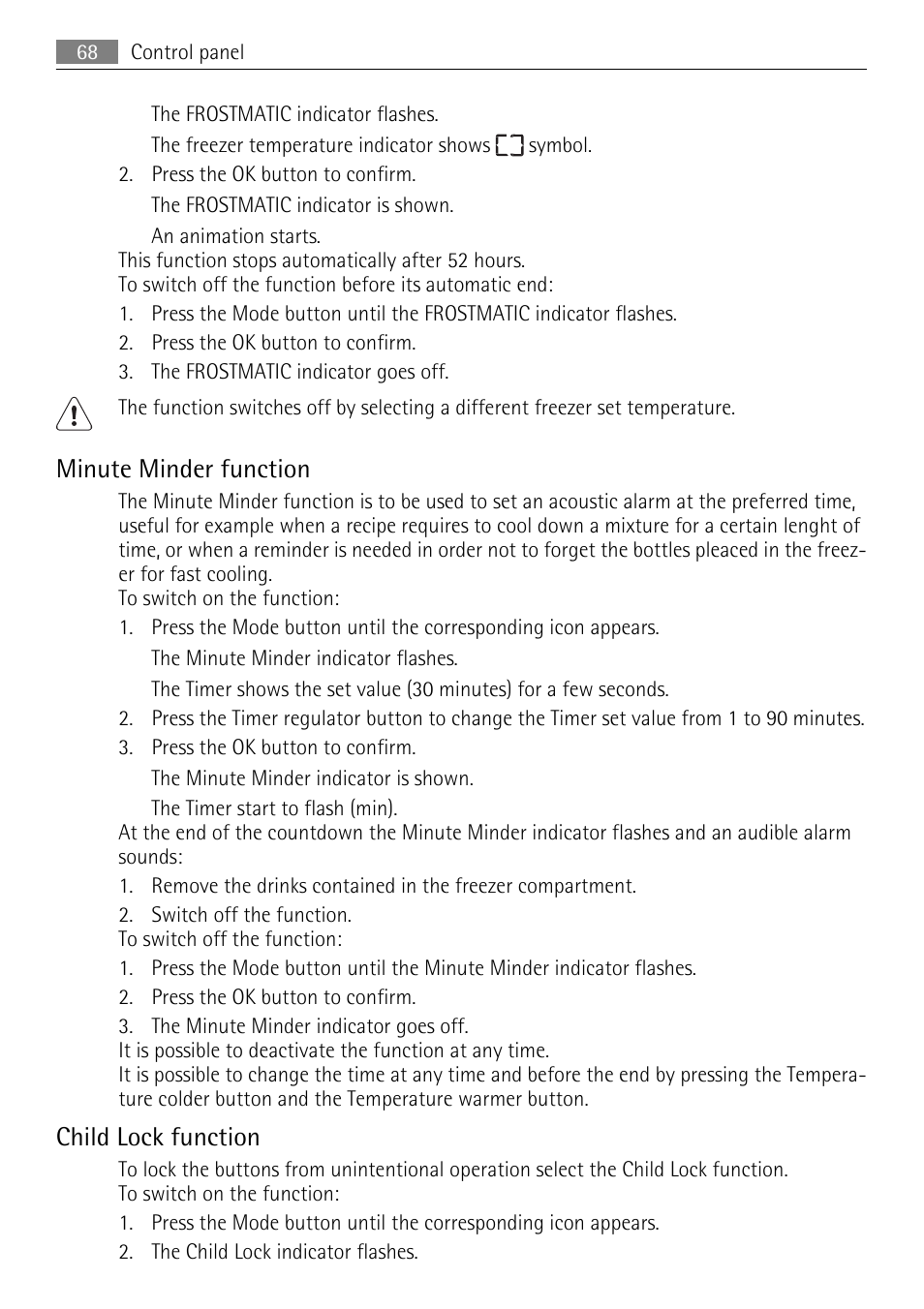 Minute minder function, Child lock function | AEG AGN71200F0 User Manual | Page 68 / 76