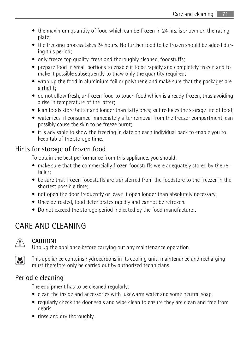 Care and cleaning, Hints for storage of frozen food, Periodic cleaning | AEG AGN71200F0 User Manual | Page 71 / 76