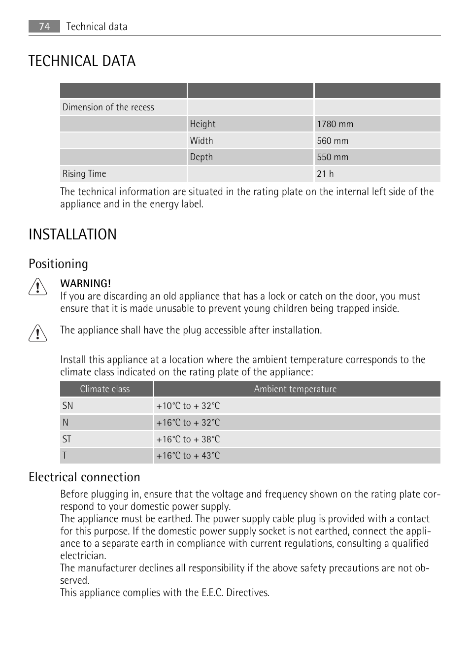 Technical data, Installation, Positioning | Electrical connection | AEG AGN71200F0 User Manual | Page 74 / 76