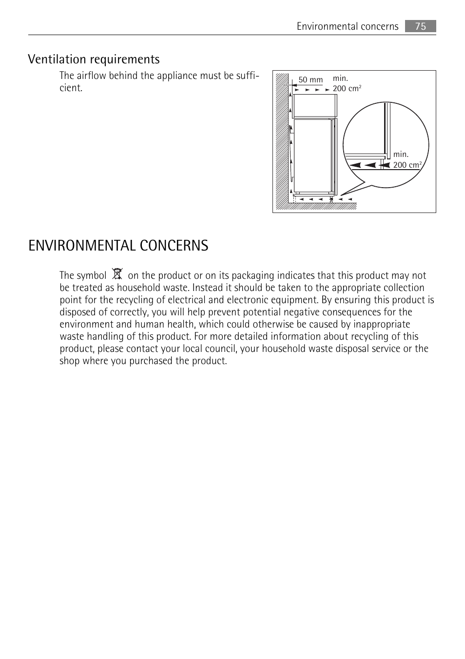 Environmental concerns, Ventilation requirements | AEG AGN71200F0 User Manual | Page 75 / 76