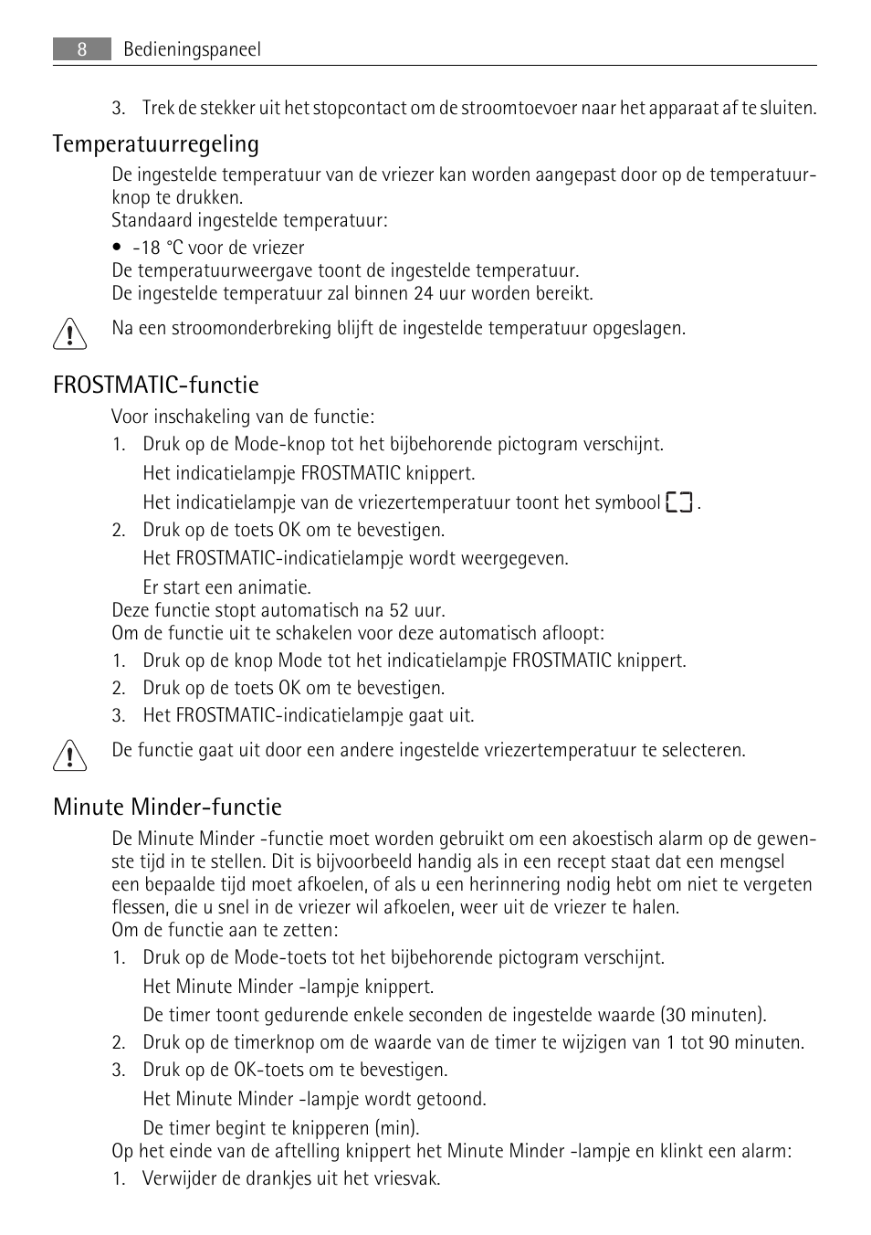 Temperatuurregeling, Frostmatic-functie, Minute minder-functie | AEG AGN71200F0 User Manual | Page 8 / 76