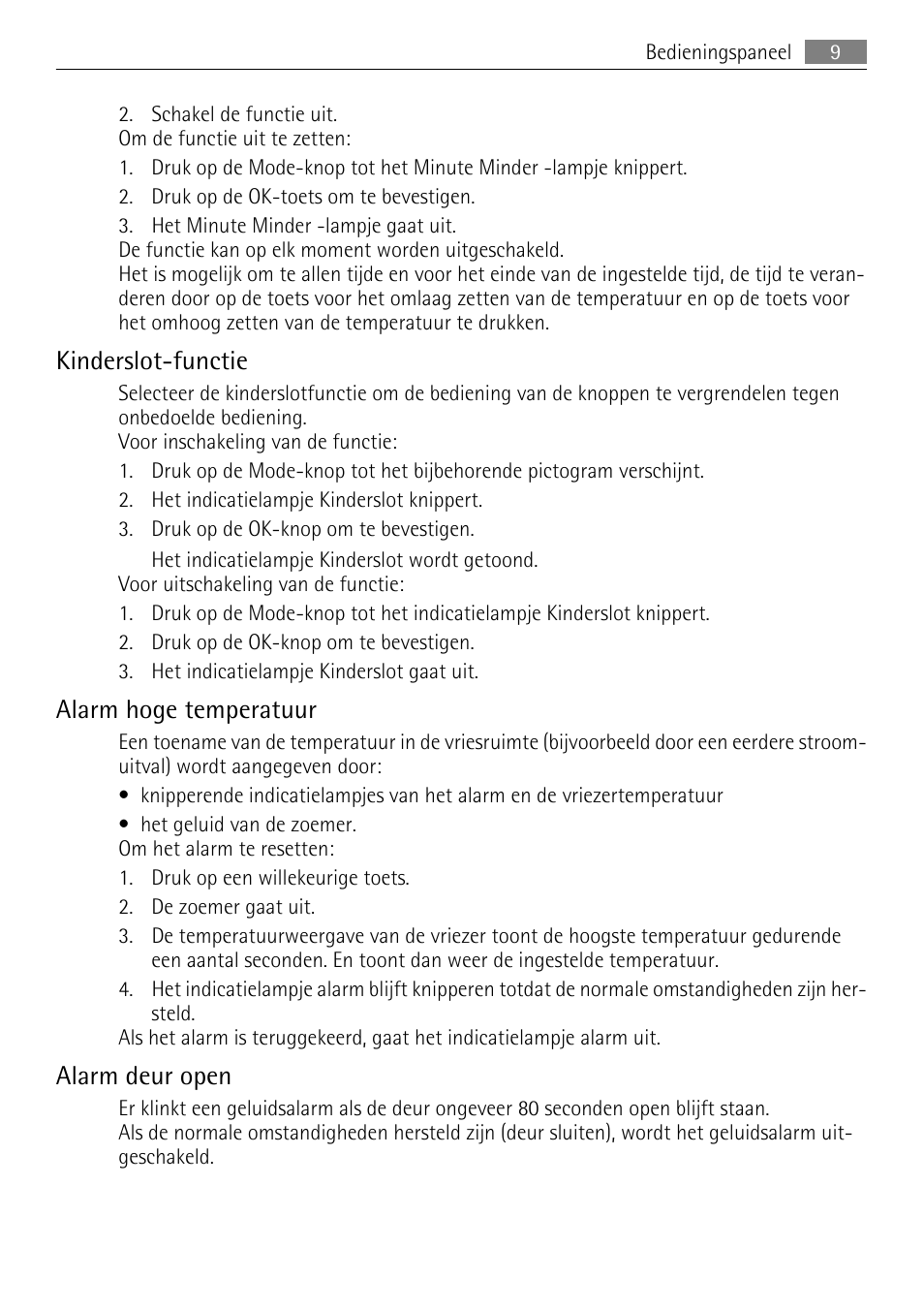 Kinderslot-functie, Alarm hoge temperatuur, Alarm deur open | AEG AGN71200F0 User Manual | Page 9 / 76