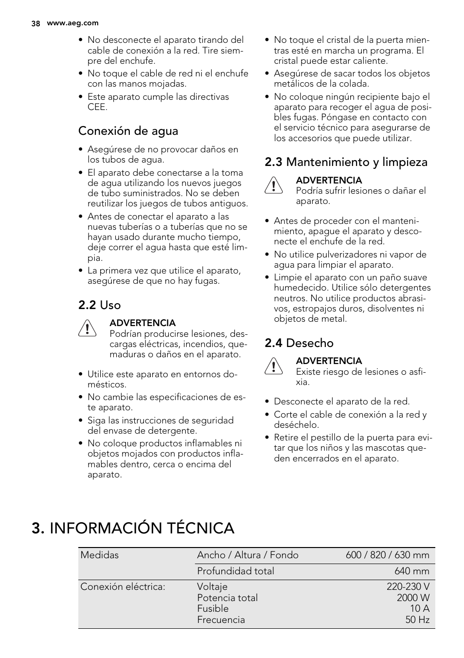 Información técnica, Conexión de agua, 2 uso | 3 mantenimiento y limpieza, 4 desecho | AEG L61270BI User Manual | Page 38 / 72