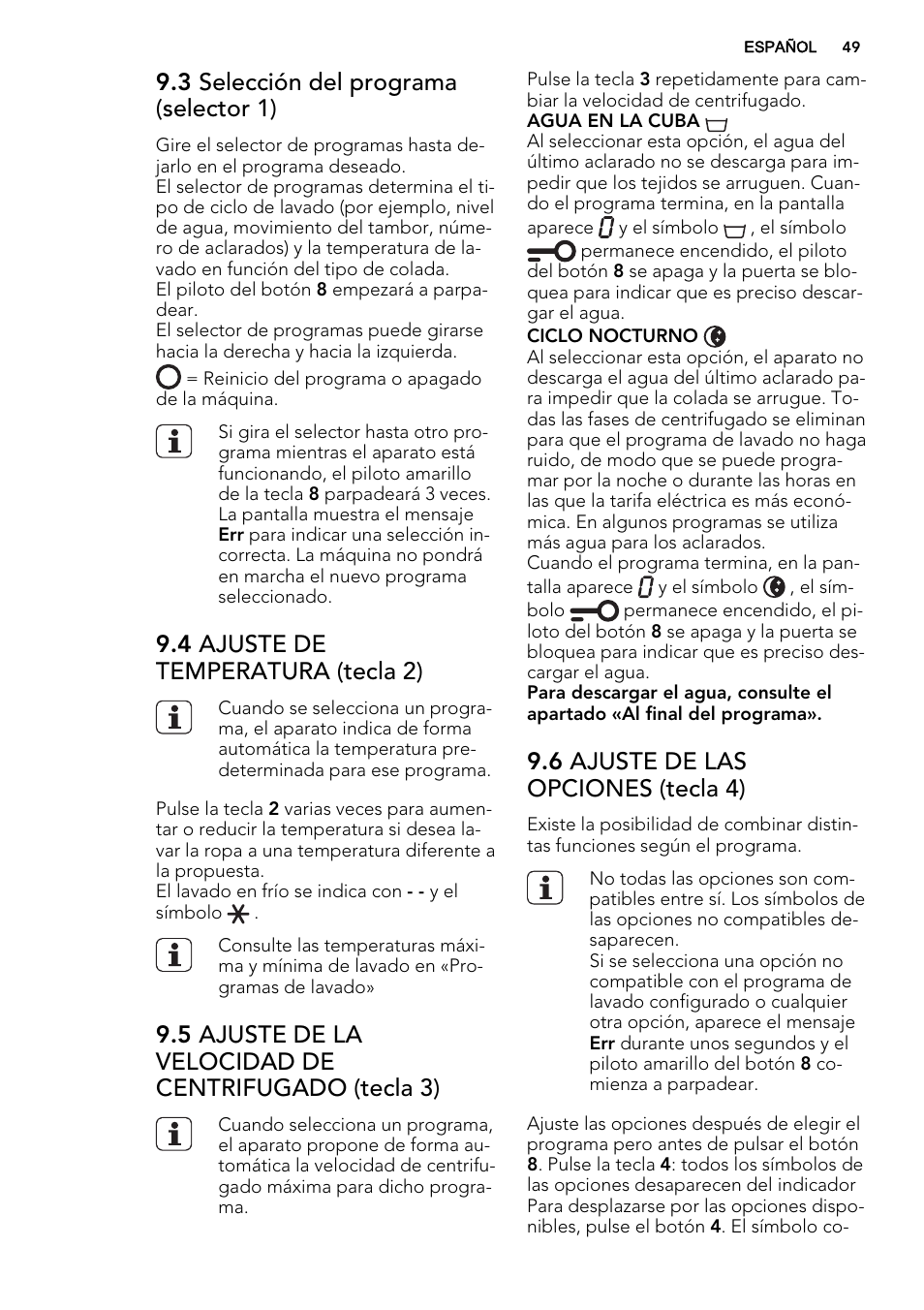 3 selección del programa (selector 1), 4 ajuste de temperatura (tecla 2), 5 ajuste de la velocidad de centrifugado (tecla 3) | 6 ajuste de las opciones (tecla 4) | AEG L61270BI User Manual | Page 49 / 72